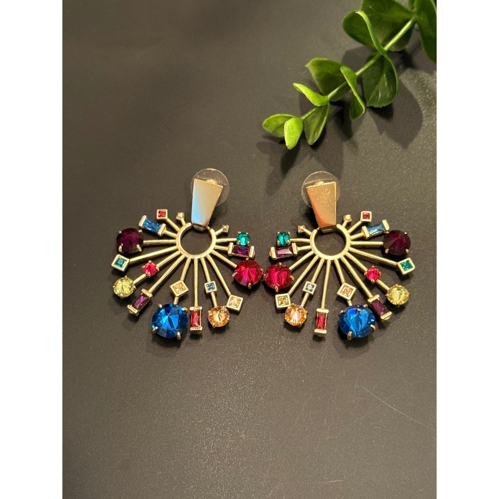 Kendra Scott Fabia Multi Color Crystal Sunburst Statement Earrings Gold Tone - Picture 6 of 10